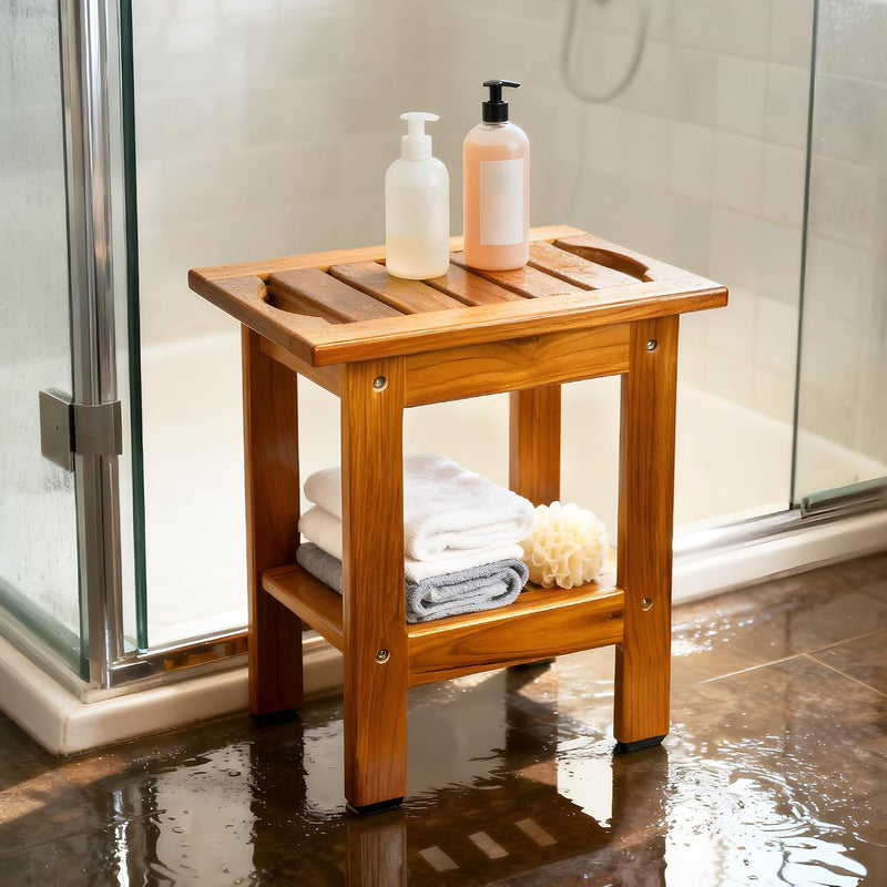 Teak Shower Bench Spa Stool with Storage Shelf