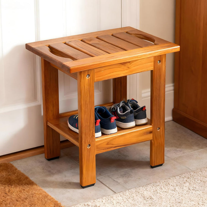 Teak Shower Bench Spa Stool with Storage Shelf