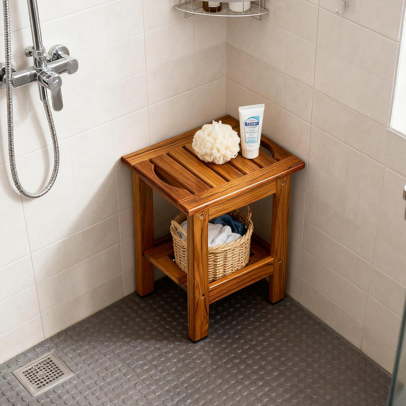 Teak Shower Bench Wooden Bathroom Stool with Handles