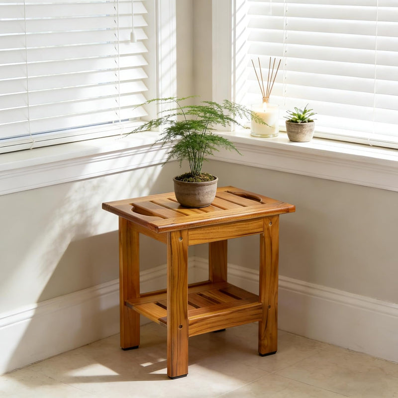 Teak Shower Bench Wooden Bathroom Stool with Handles