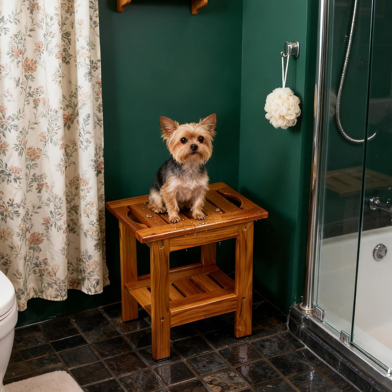 Teak Shower Bench Wooden Bathroom Stool with Handles