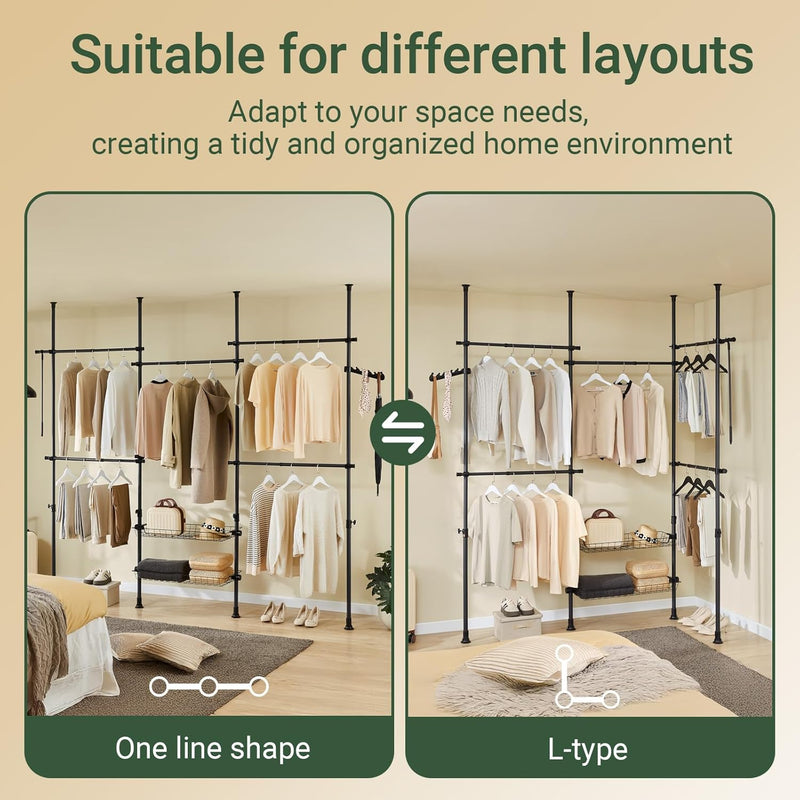 Telescopic Clothes Rail with Adjustable L-Shaped Or One-Line