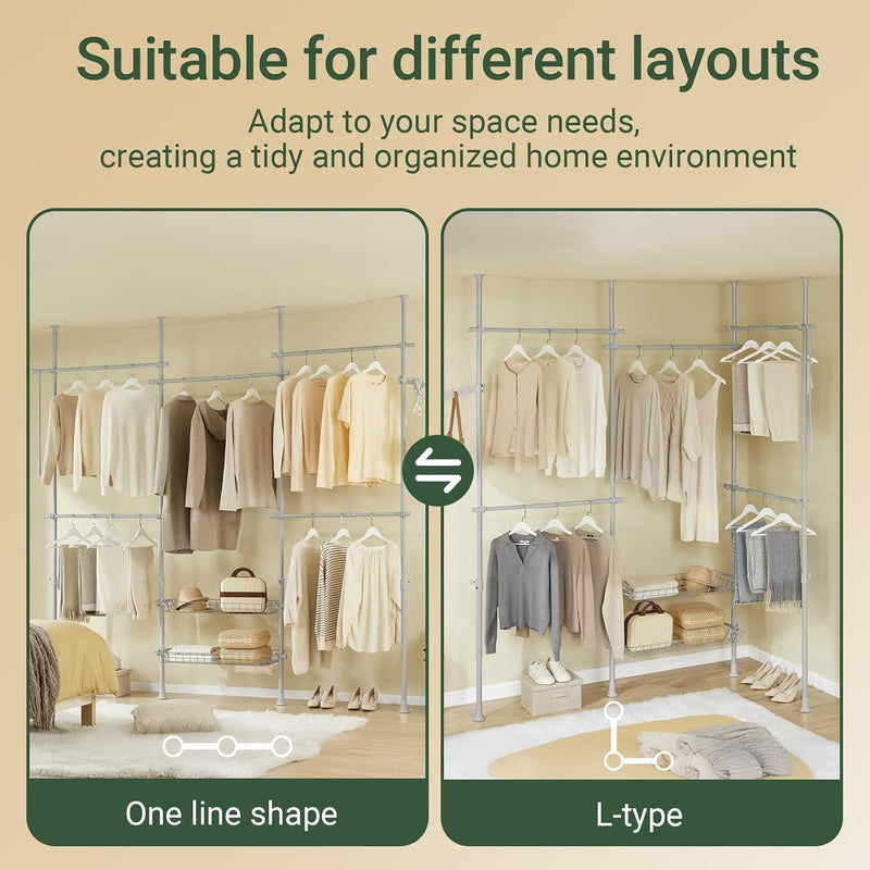 Telescopic Clothes Rail with Adjustable L-Shaped Or One-Line