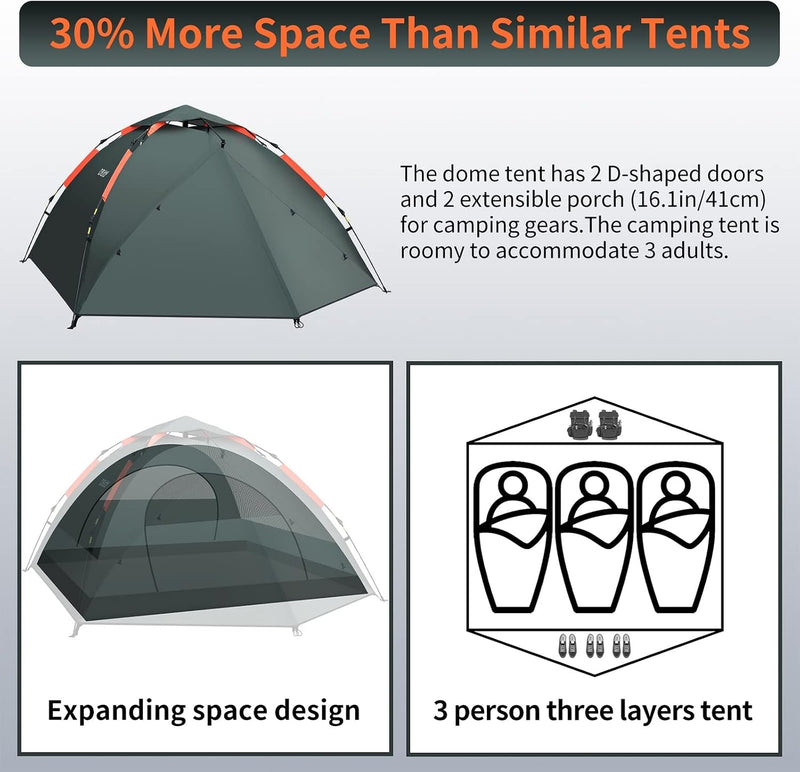 Tent 3 Man Instant Pop Up Waterproof Three