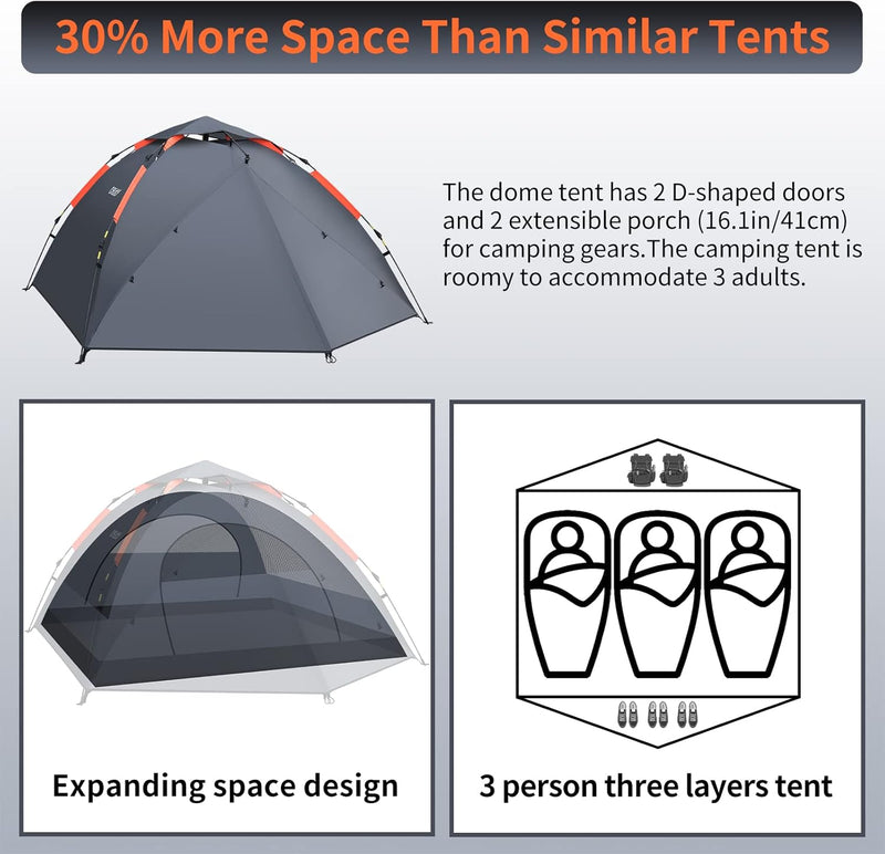 Tent 3 Man Instant Pop Up Waterproof Three