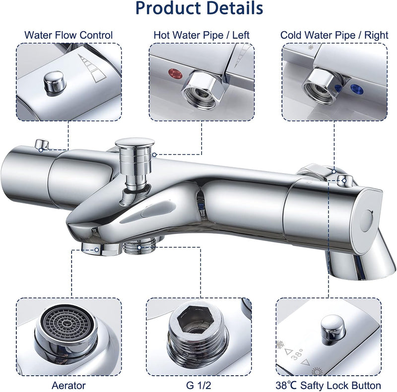 Thermostatic Bath Shower Mixer Bar Anti Scald 38