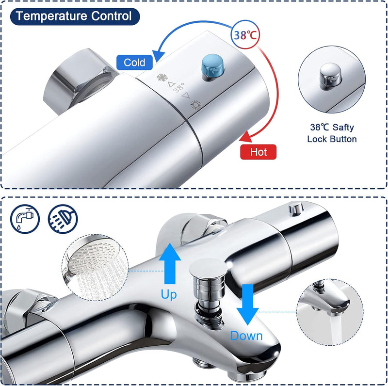Thermostatic Bath Shower Mixer Bar Anti Scald 38