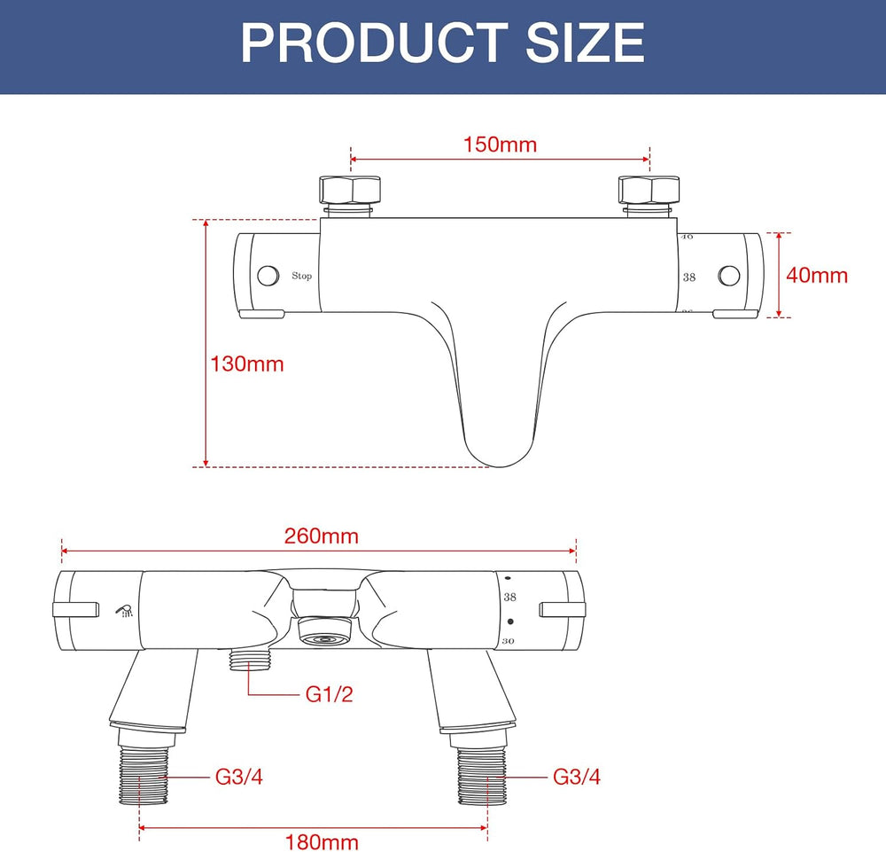 Thermostatic Bath Shower Mixer Tap Deck Mounted Bar