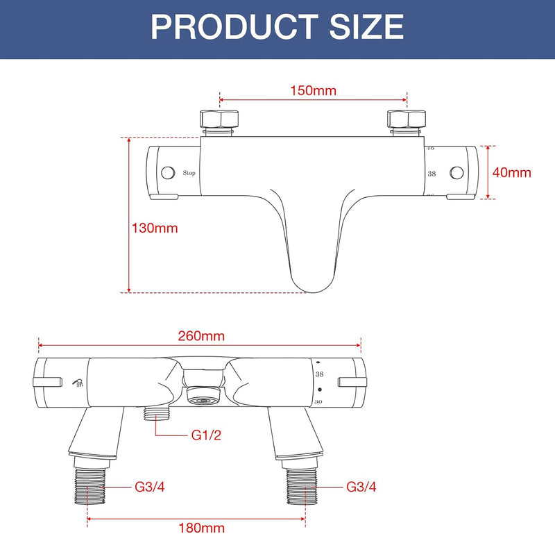 Thermostatic Bath Shower Mixer Tap Deck Mounted Bar