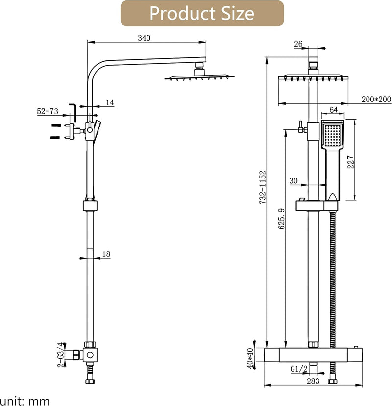 Thermostatic Mixer Shower Set Square Bathroom Thermostat System