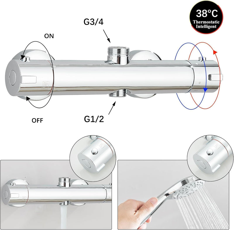 Thermostatic Shower Mixer Bar 2 Outlet Wall Mounted