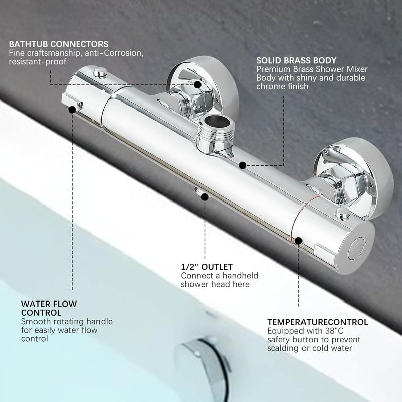 Thermostatic Shower Mixer Bar 2 Outlet Wall Mounted