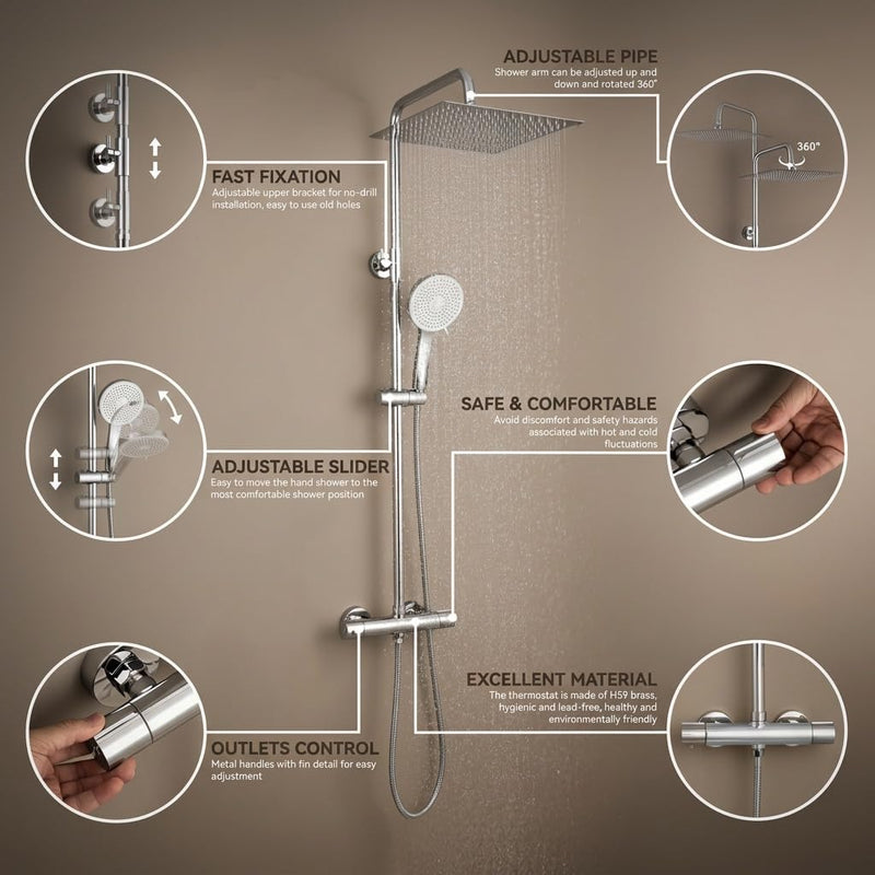 Thermostatic Shower Mixer Set 25CM Rainfall Head