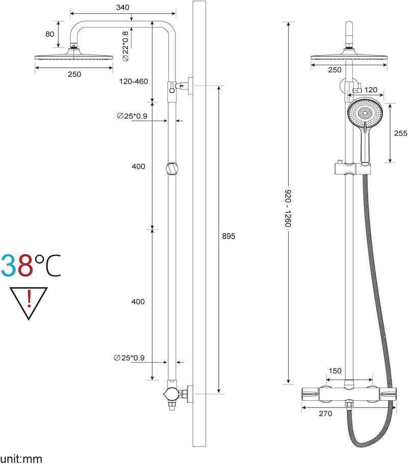 Thermostatic Shower Mixer Set Chrome 25CM Round Rainfall