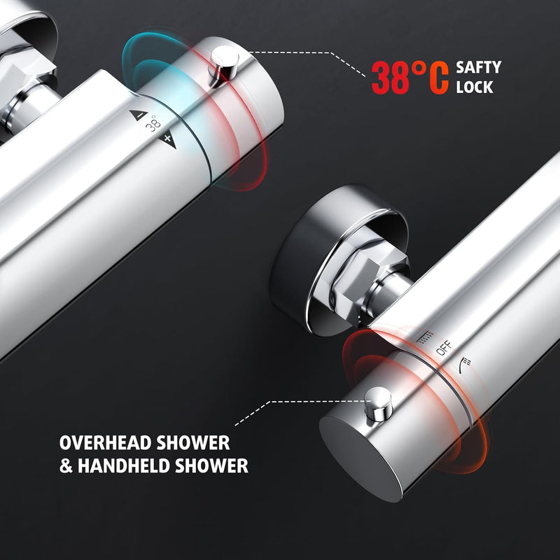 Thermostatic Shower Mixer Set Chrome 25CM Round Rainfall