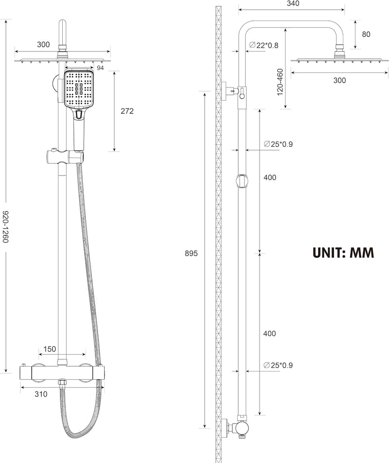 Thermostatic Shower Mixer Set Chrome 25CM Round Rainfall