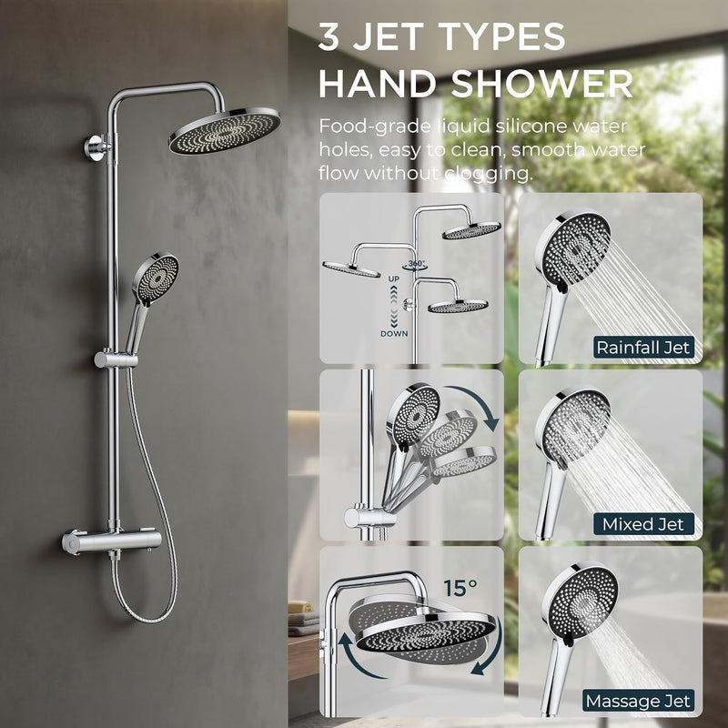 Thermostatic Shower Mixer Set Overhead Rainfall Chrome