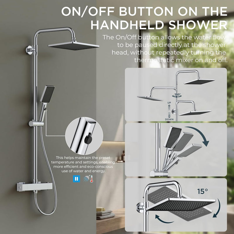 Thermostatic Shower Mixer Set Overhead Rainfall Chrome