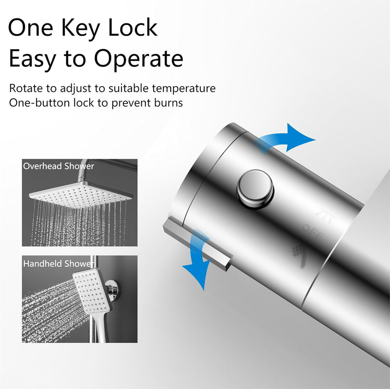 Thermostatic Shower Mixer Set Overhead Rainfall Handheld Bar