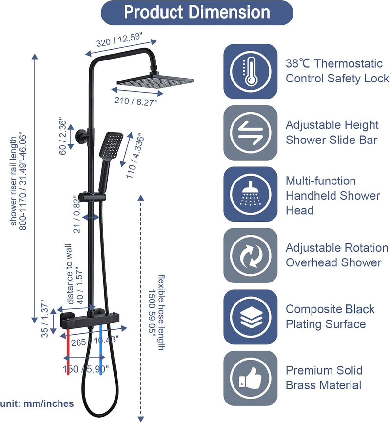 Thermostatic Shower Mixer Set Rainfall System Square