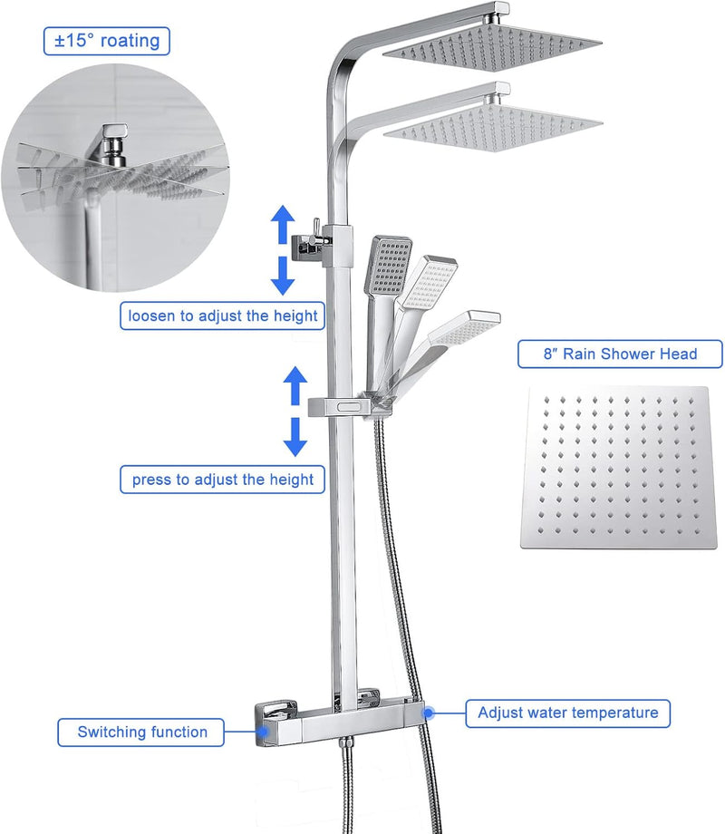 Thermostatic Shower Mixer Set Square Chrome Bathroom Thermostat