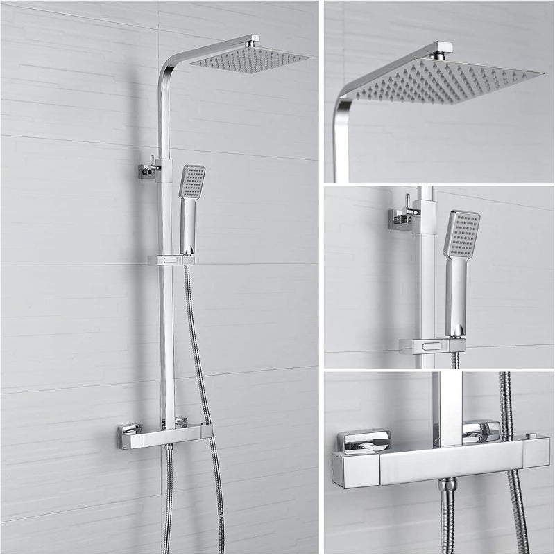 Thermostatic Shower Mixer Set Square Chrome Bathroom Thermostat