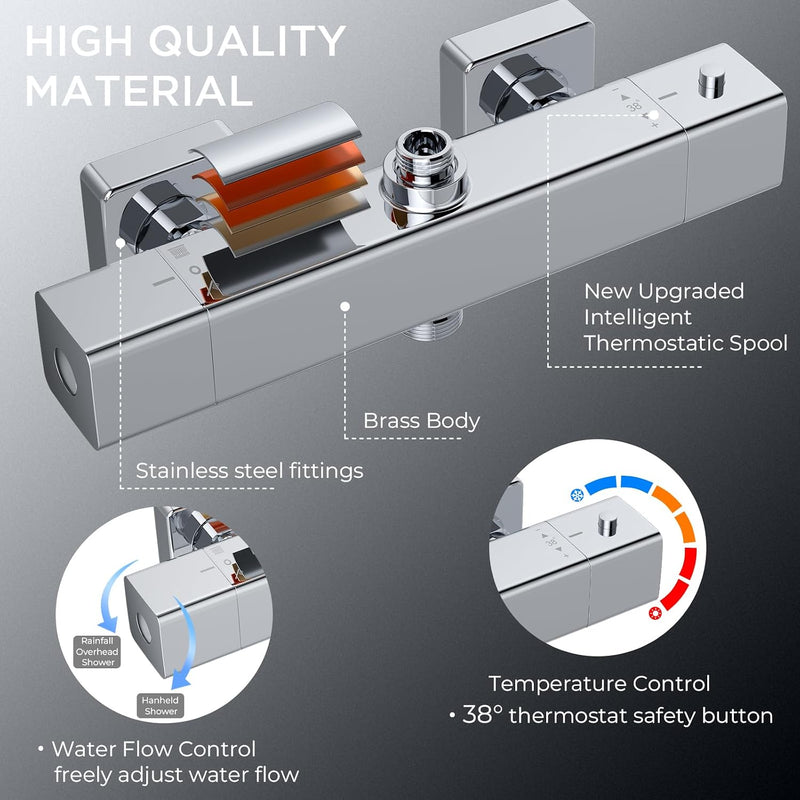 Thermostatic Shower Mixer Set Stainless Steel Bar