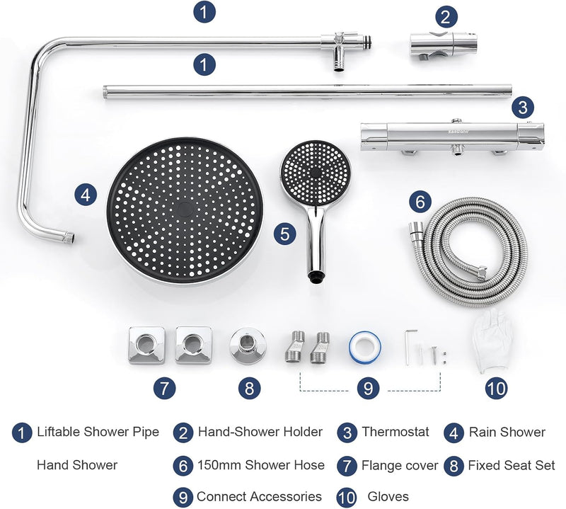 Thermostatic Shower Mixer Set Stainless Steel Bar