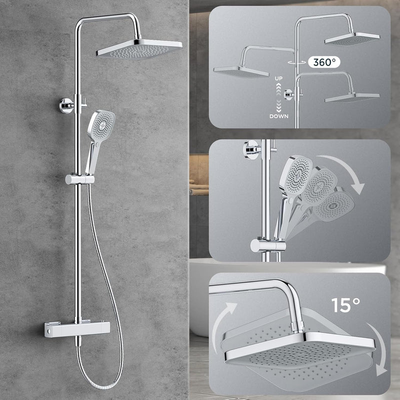Thermostatic Shower Mixer Set Stainless Steel Bar