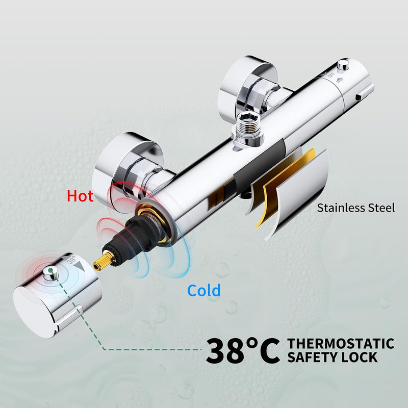 Thermostatic Shower Mixer Set Stainless Steel Chrome