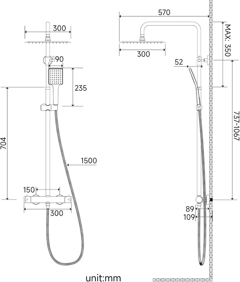 Thermostatic Shower Mixer Set Stainless Steel Chrome