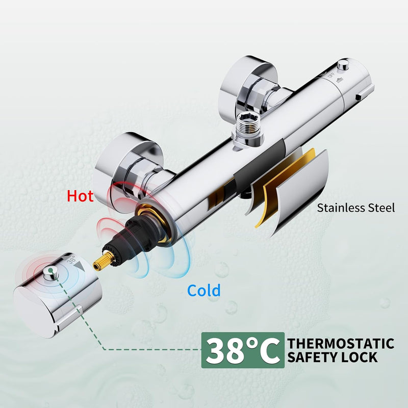 Thermostatic Shower Mixer Set Stainless Steel Chrome