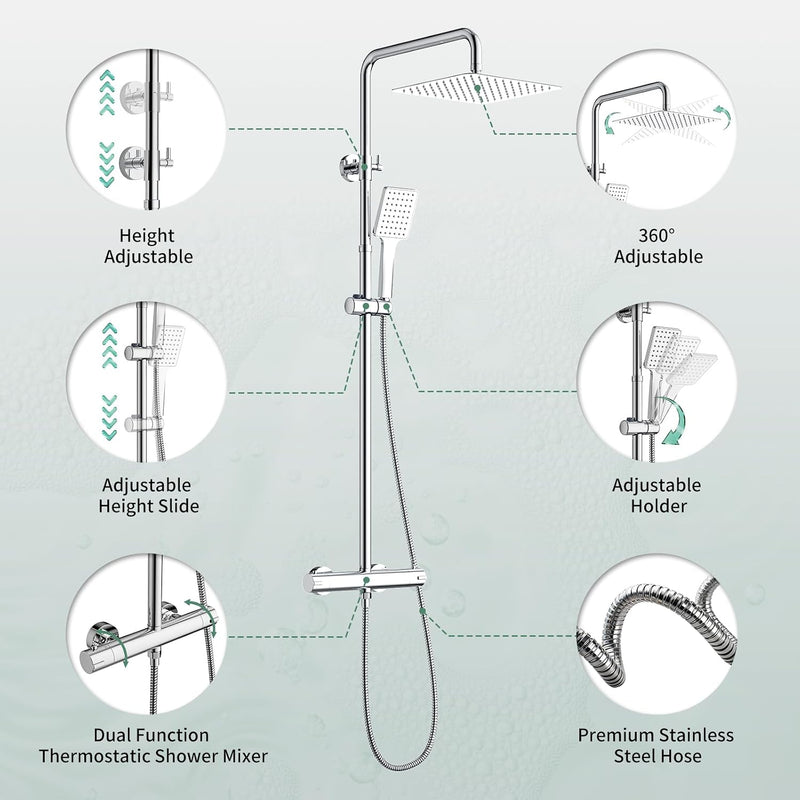 Thermostatic Shower Mixer Set Stainless Steel Chrome