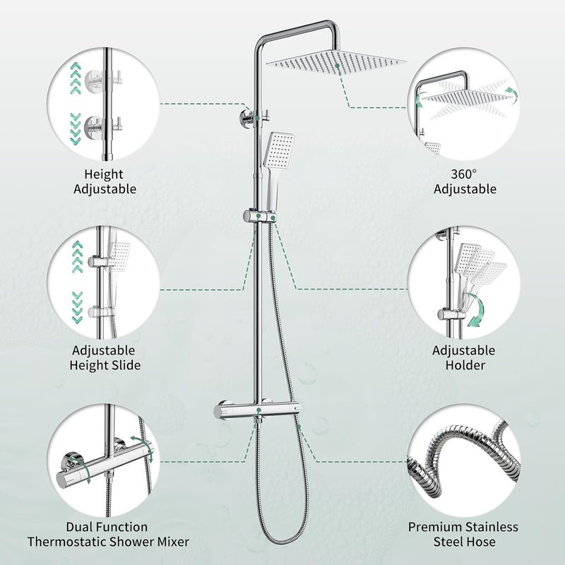 Thermostatic Shower Mixer Set Stainless Steel Chrome