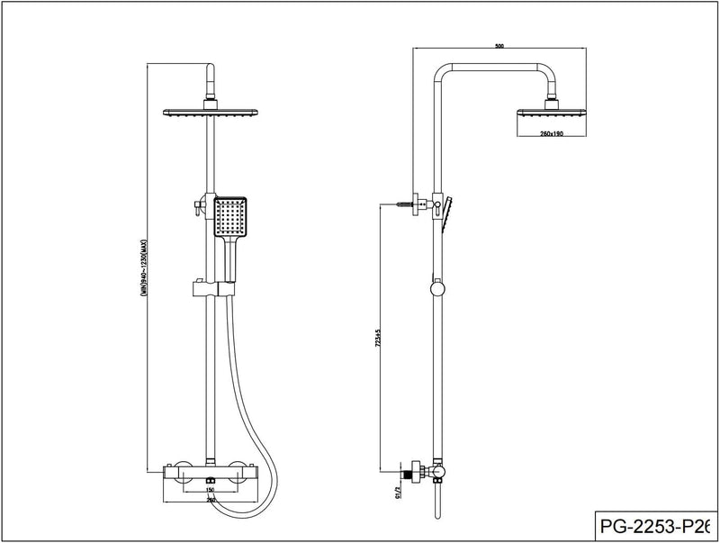 Thermostatic Shower Mixer Set System Adjustable Height