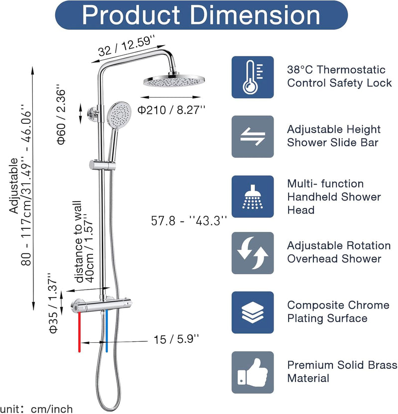 Thermostatic Shower Mixer Set System Brass Bar Rainfall