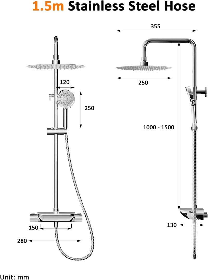 Thermostatic Shower Mixer Set with 12" Square Rainfall