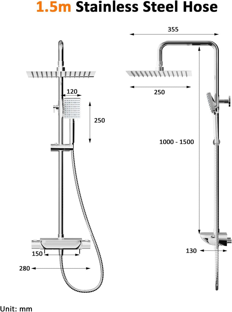 Thermostatic Shower Mixer Set with 12" Square Rainfall