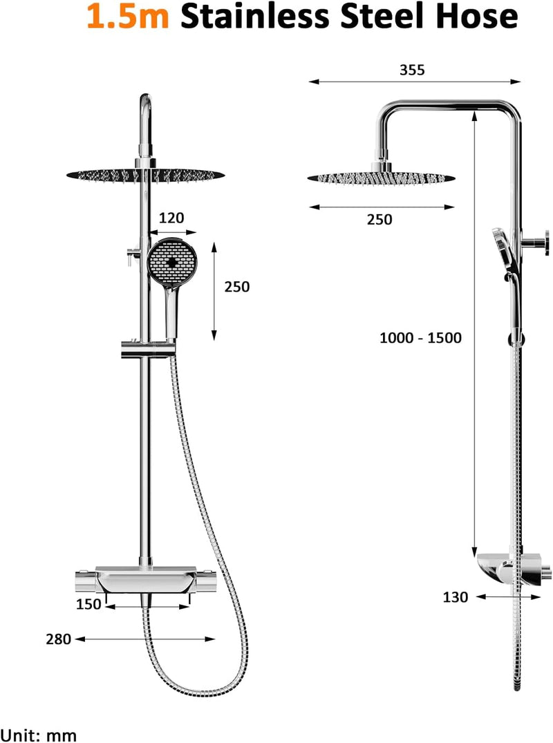 Thermostatic Shower Mixer Set with 12" Square Rainfall