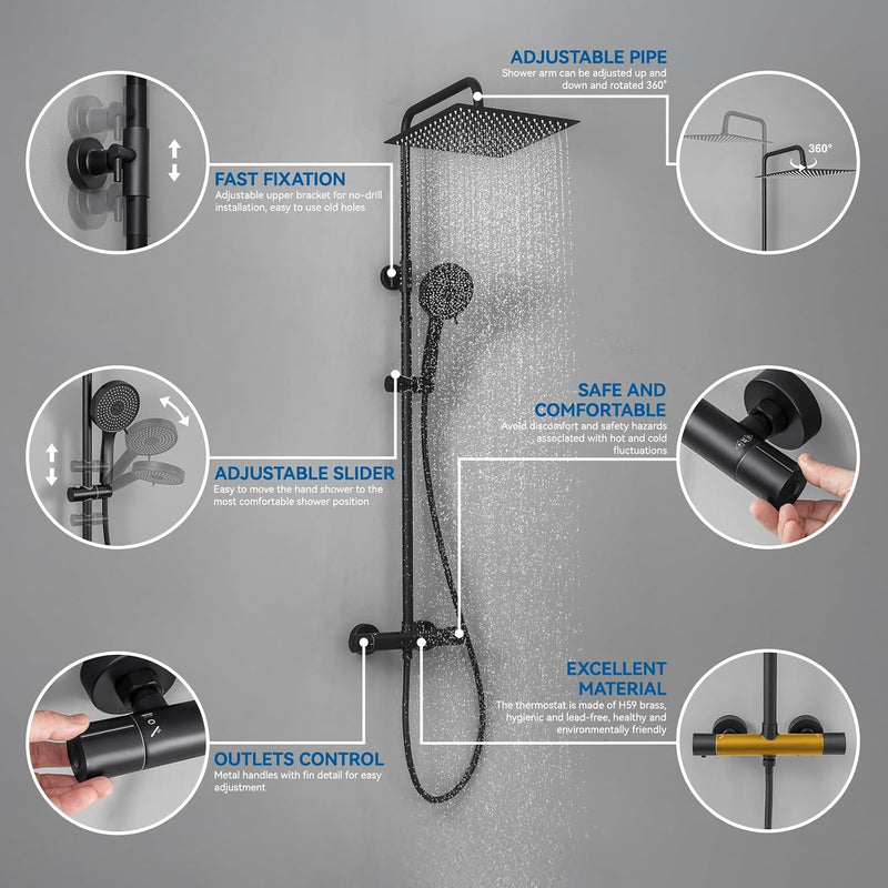 Thermostatic Shower Mixer Set with 12" Square Rainfall