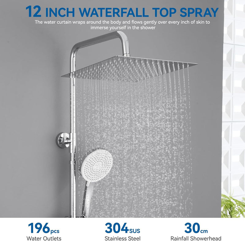 Thermostatic Shower Mixer Set with 12" Square Rainfall