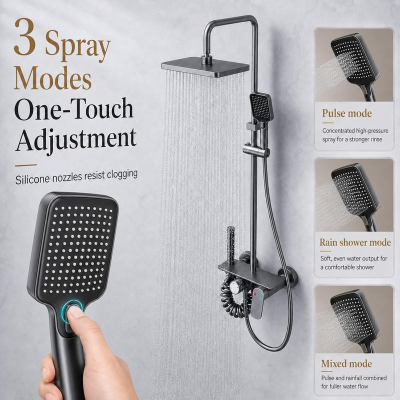 Thermostatic Shower Mixer Set with Rainfall Overhead 4-Function