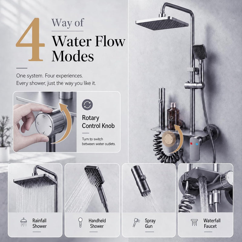 Thermostatic Shower Mixer Set with Rainfall Overhead 4-Function
