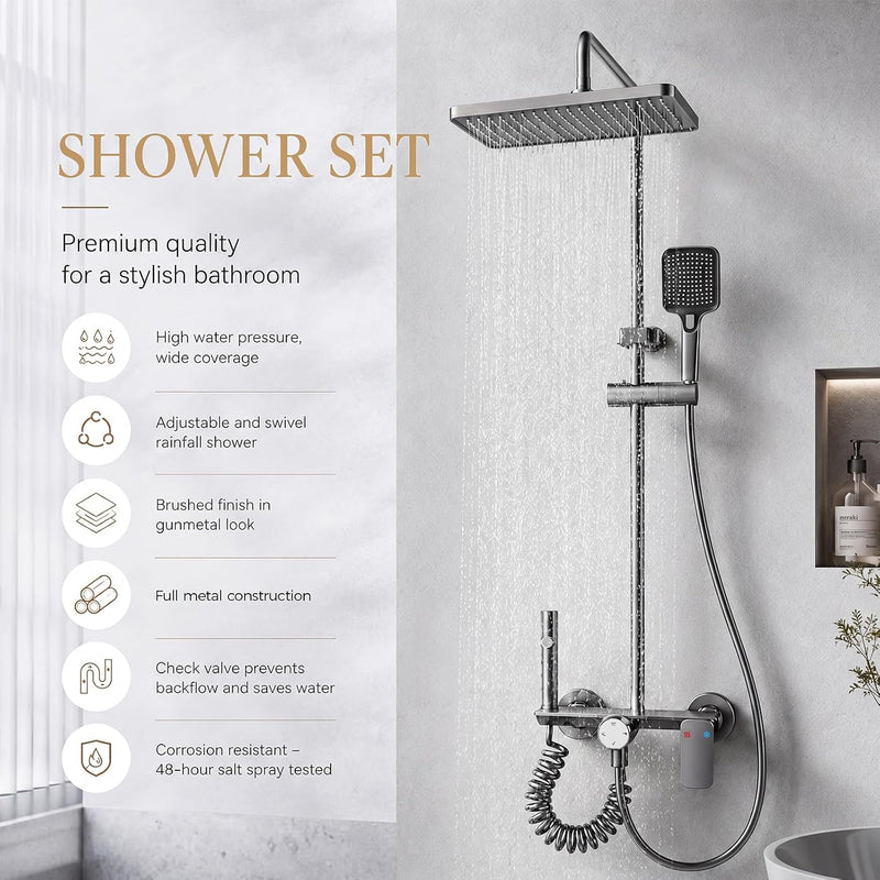 Thermostatic Shower Mixer Set with Rainfall Overhead 4-Function