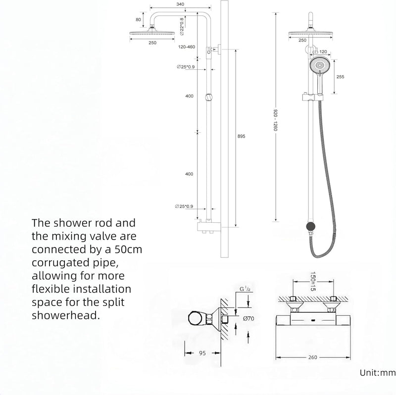 Thermostatic Shower Mixer Set with Solid Brass Valve