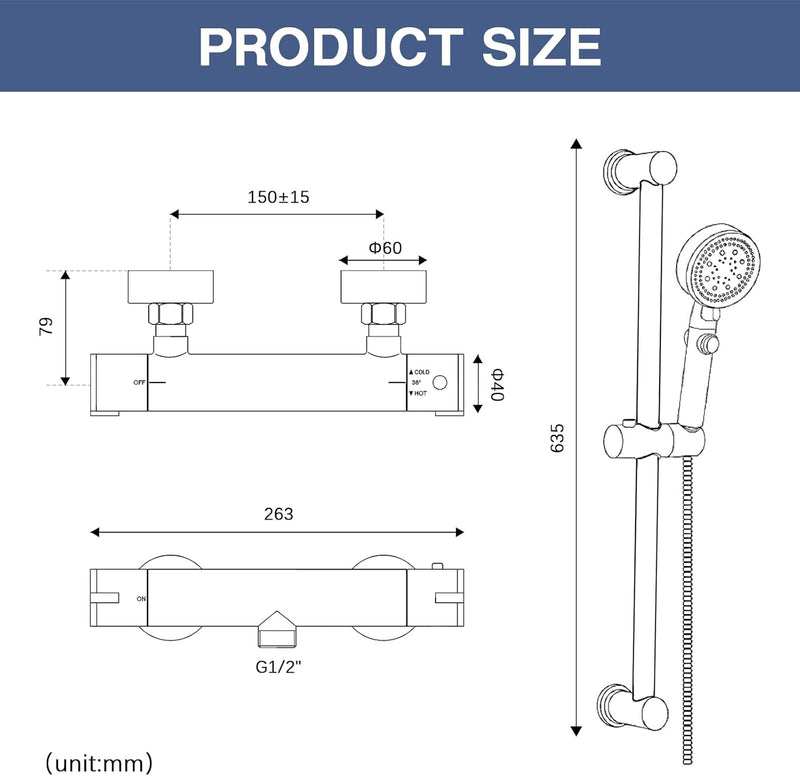 Thermostatic Shower Mixer Set Adjustable Riser Rail Kit