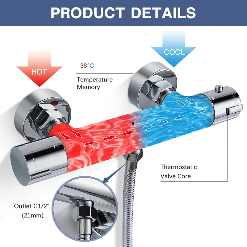 Thermostatic Shower Mixer Set Adjustable Riser Rail Kit