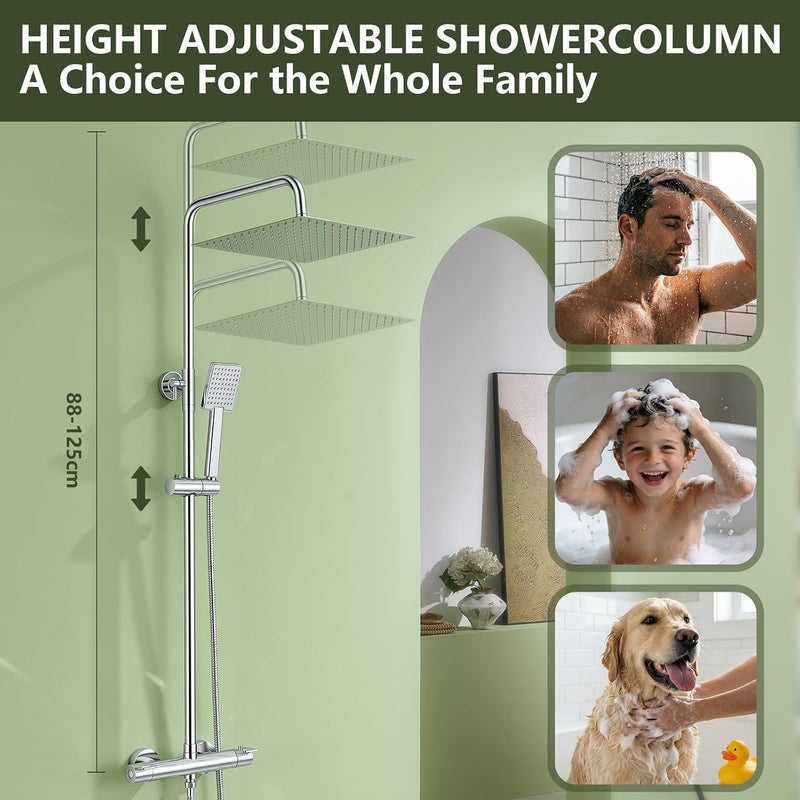 Thermostatic Shower System Stainless Steel 12" Square Rain