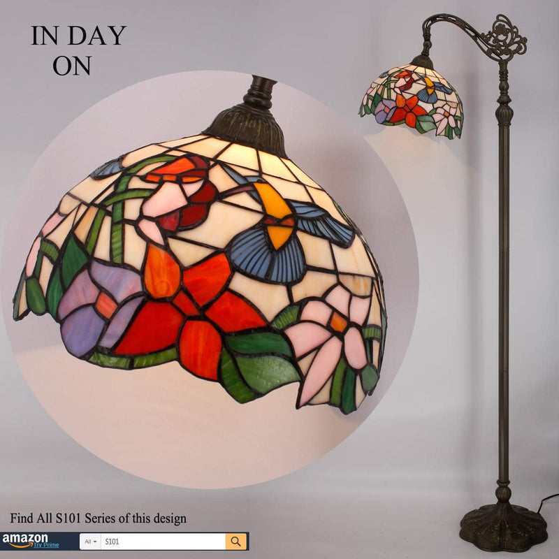 Tiffany Floor Lamp Hummingbird Amber Stained Glass Arched