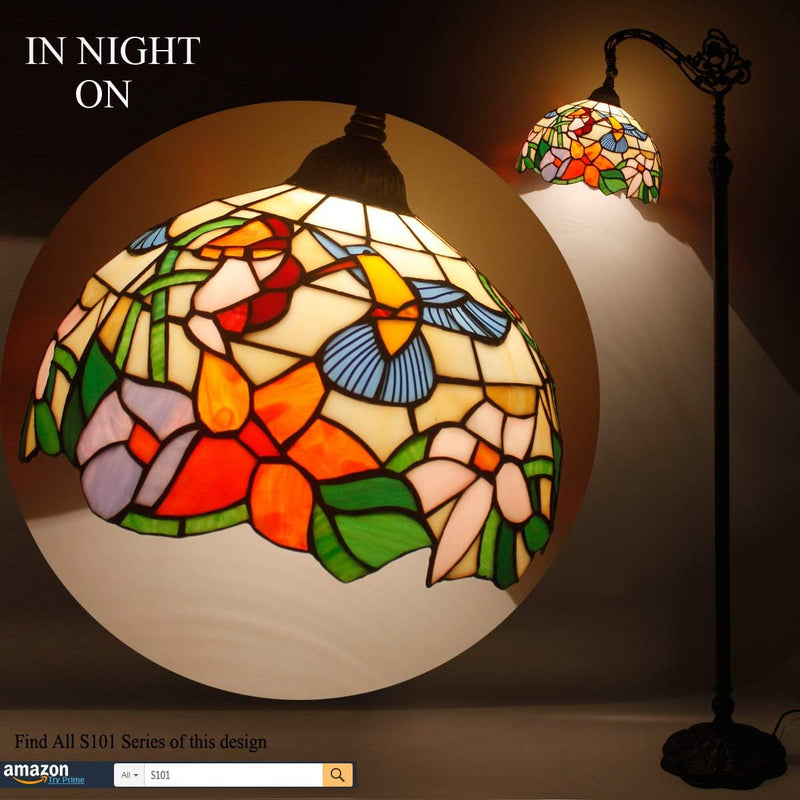 Tiffany Floor Lamp Hummingbird Amber Stained Glass Arched